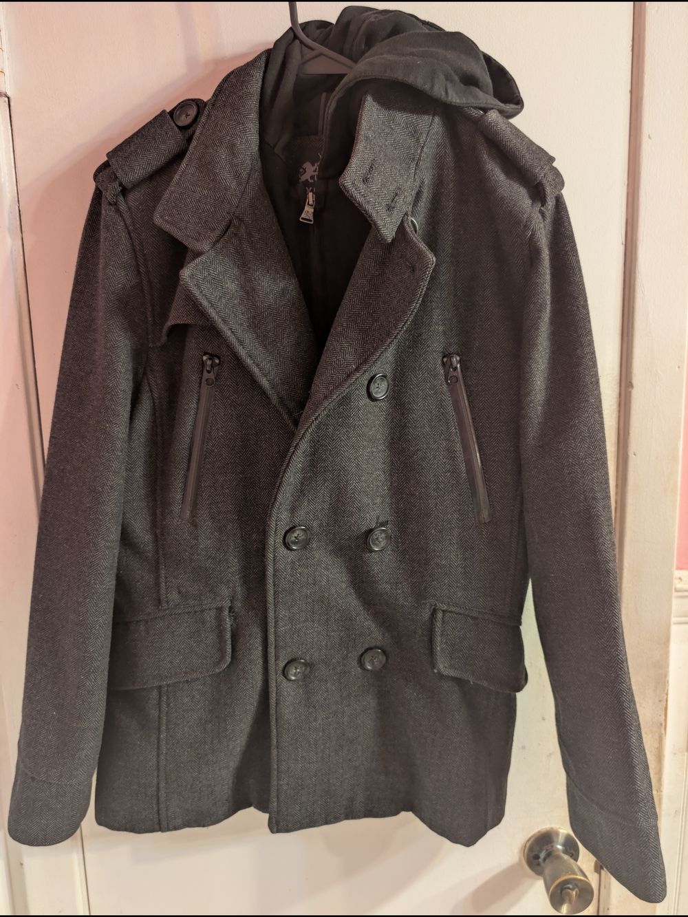 Express Charcoal Gray Double-Breasted Peacoat with Hood